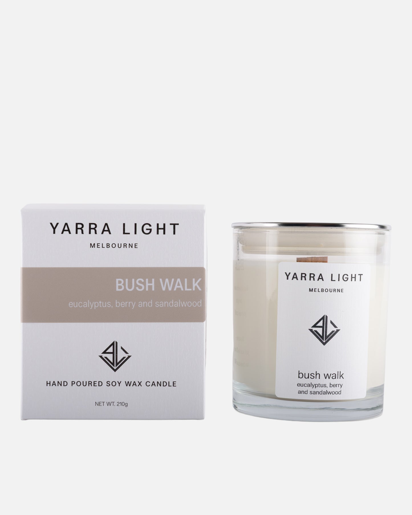 Yarra Light soy wax candle and packaging on a white background