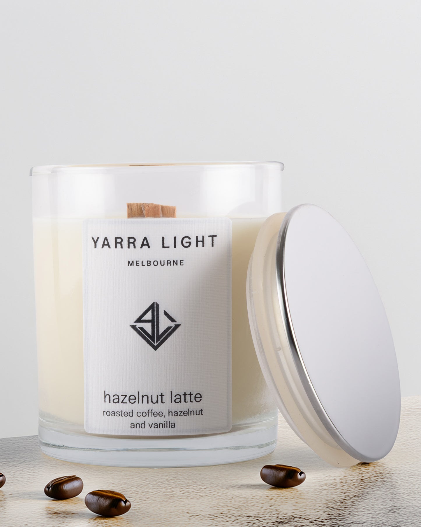 Yarra Light hazelnut latte soy wax candle on a light background
