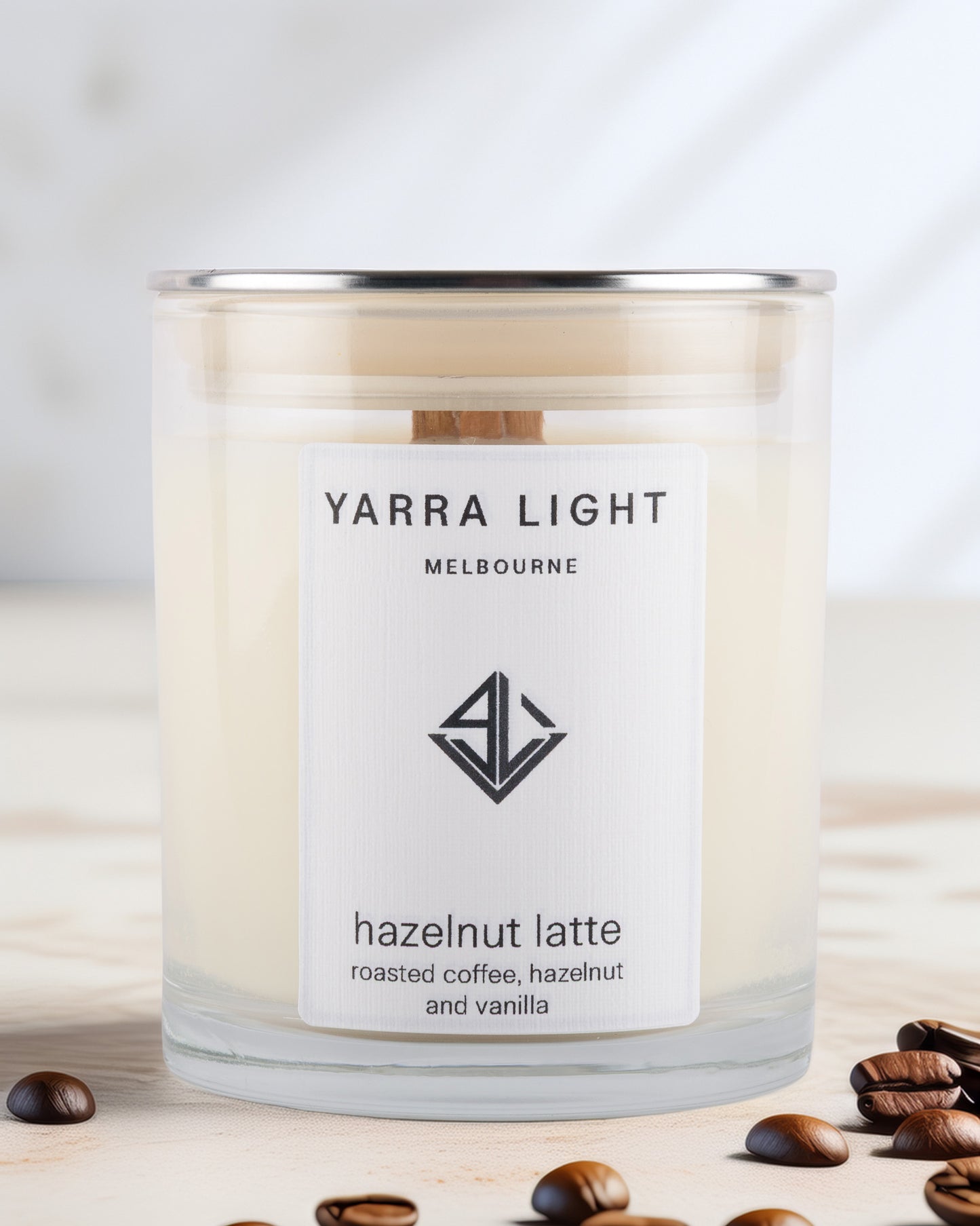 Yarra Light hazelnut latte soy wax candle on a light background
