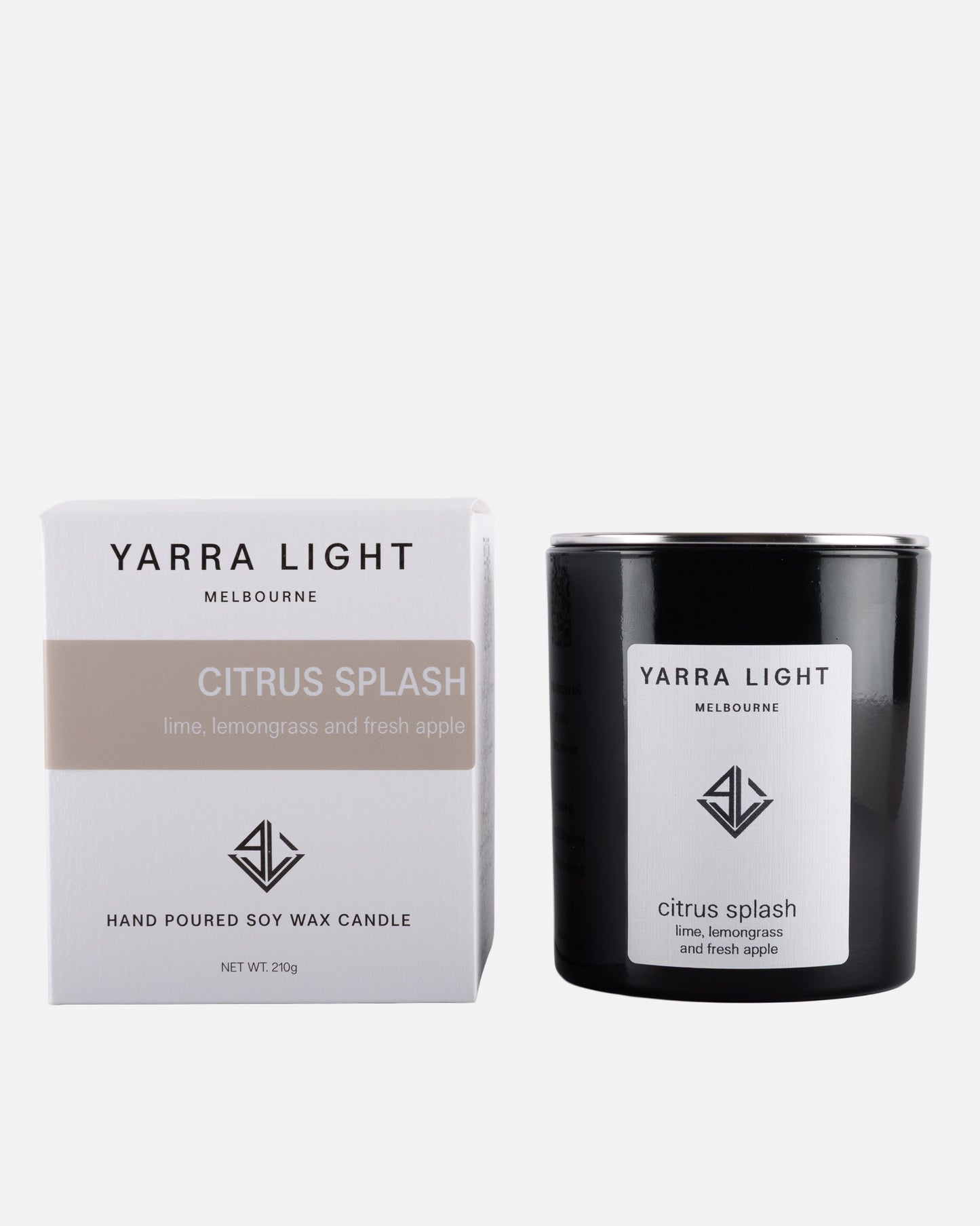 Yarra Light Citrus Splash soy wax candle and packaging on a white background