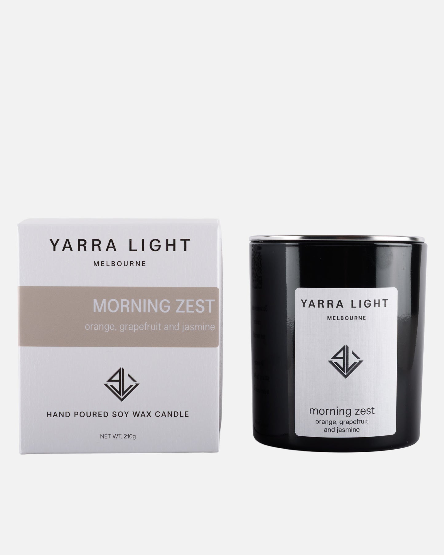 Yarra Light Morning Zest soy wax candle and packaging on a white background
