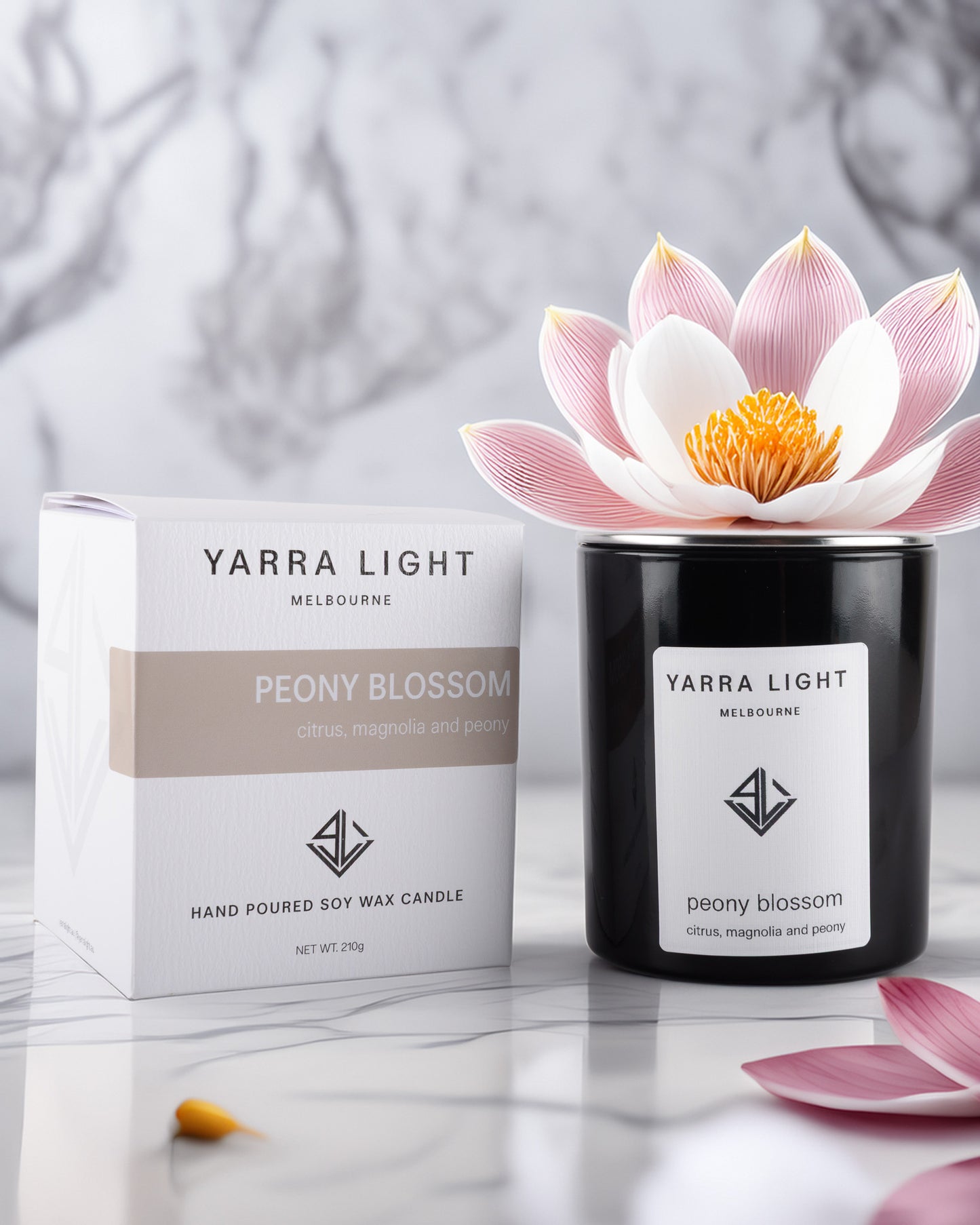 Yarra Light peony blossom soy wax candle with packaging on a light background