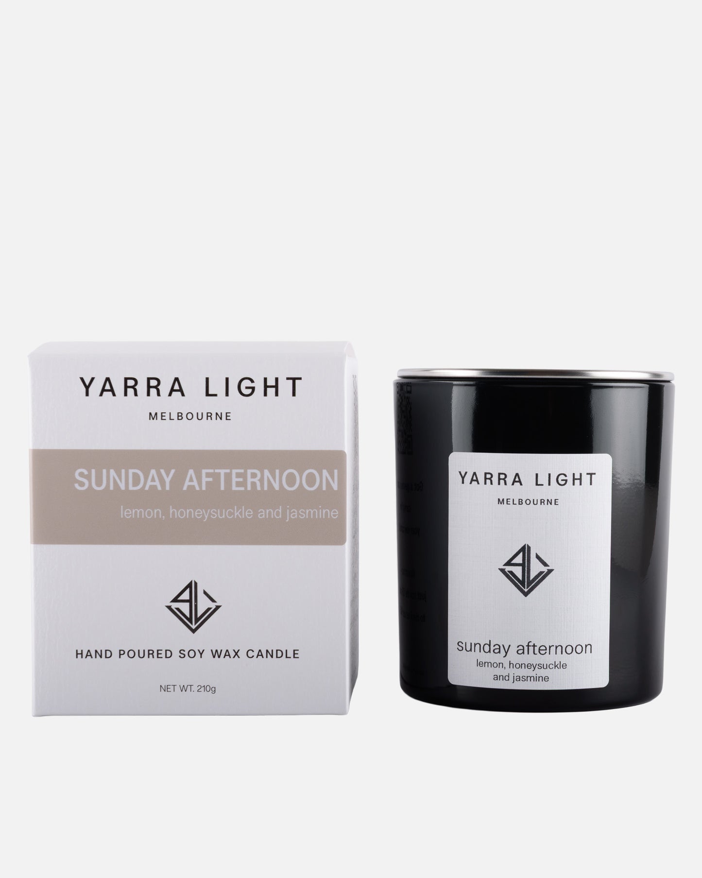 Yarra Light soy wax candle and packaging on a white background