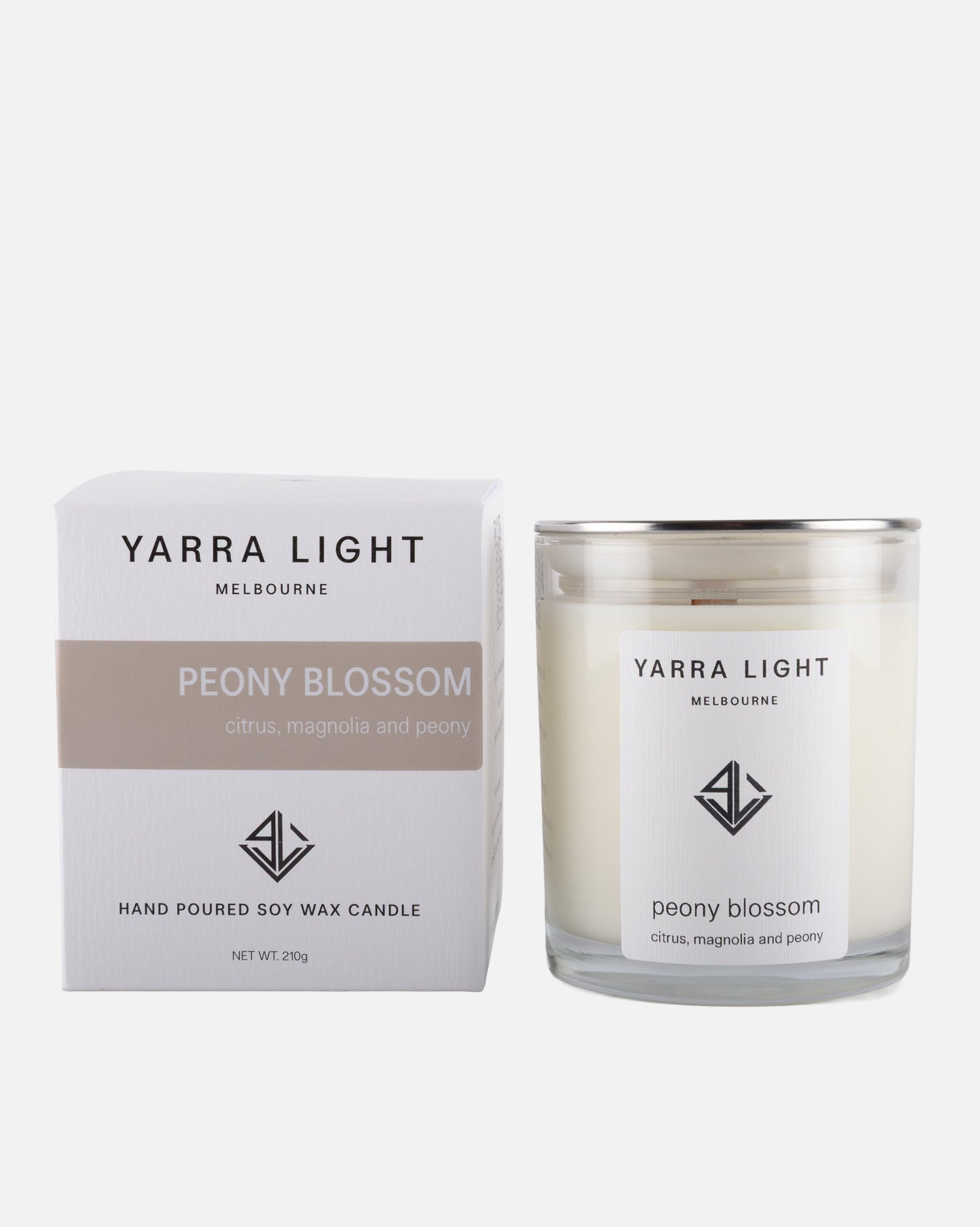 Yarra Light peony blossom candle and packaging on a white background