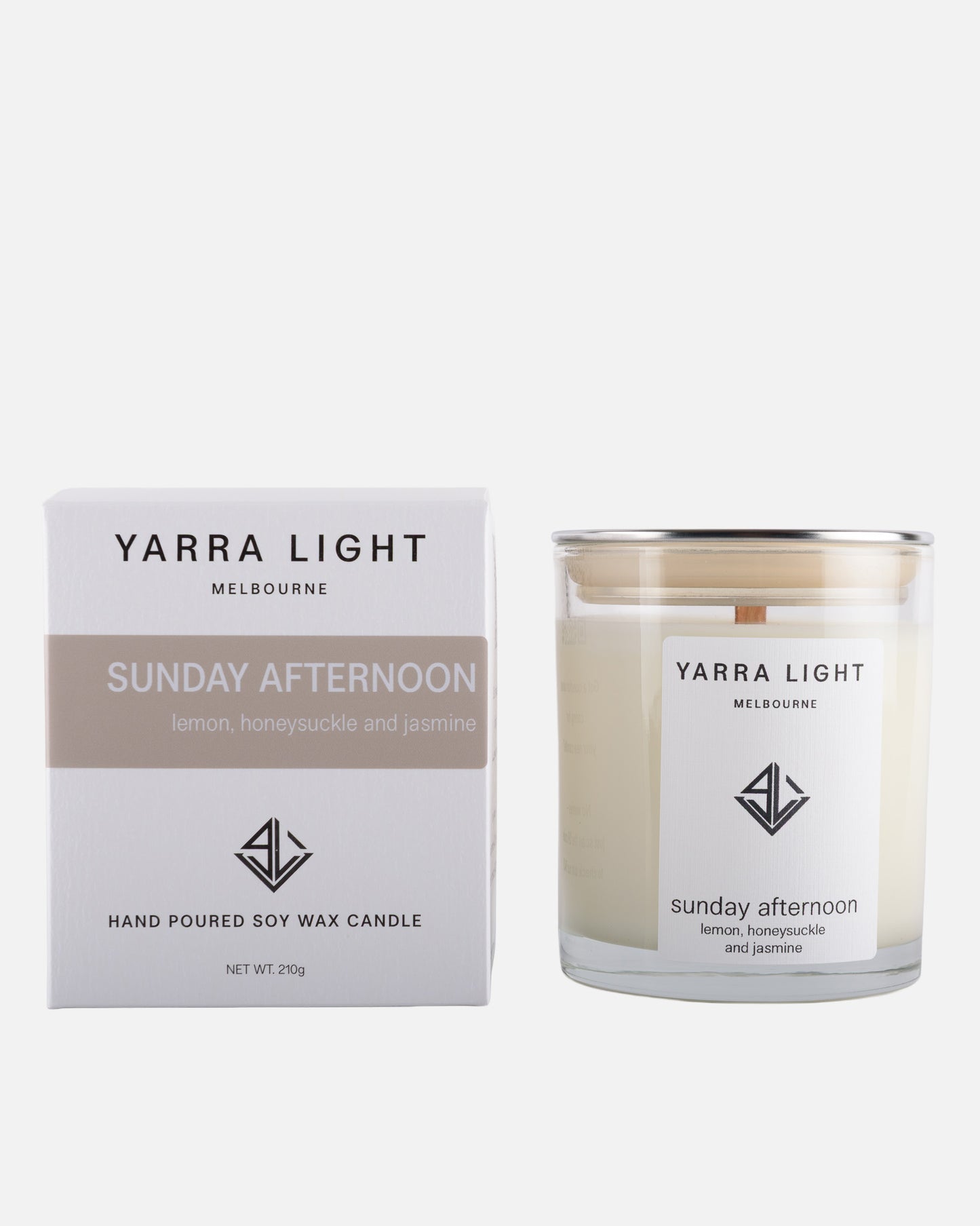 Yarra Light soy wax candle and packaging on a white background