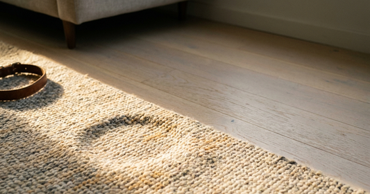 Late afternoon light across a wool rug where a dog has been lying, a leather collar at the edge