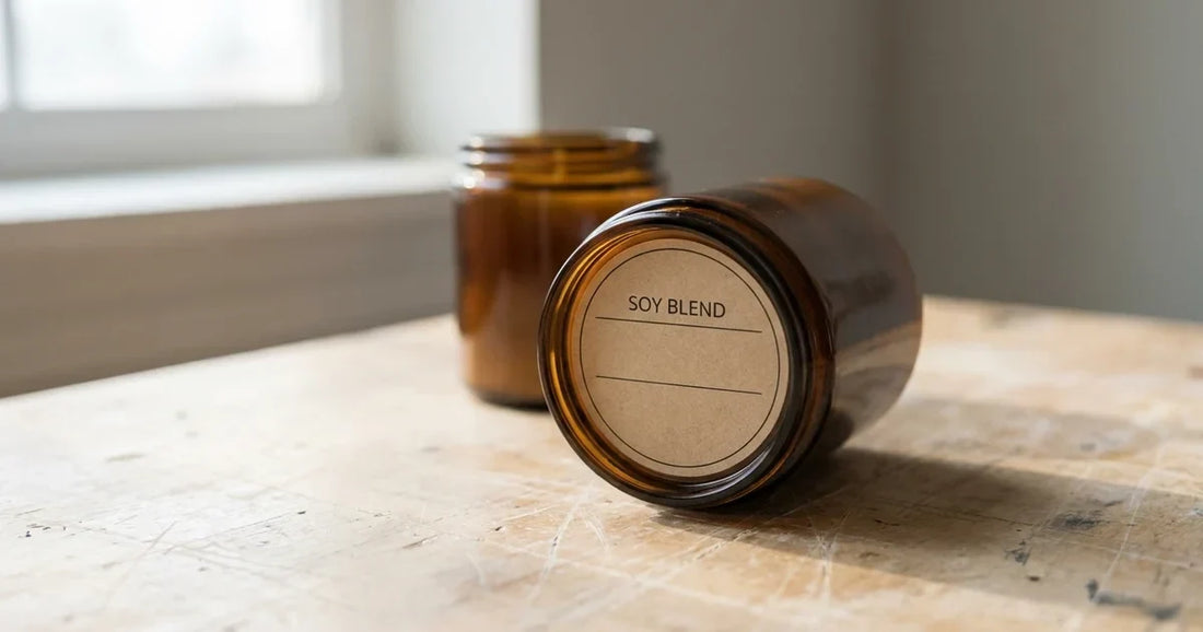 An amber candle jar tipped on its side on a timber workbench, its base label reading SOY BLEND above two blank ruled lines where a percentage would go