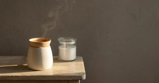 An electric wax warmer on a timber side table with vapour rising into afternoon light, an unlit candle jar behind it