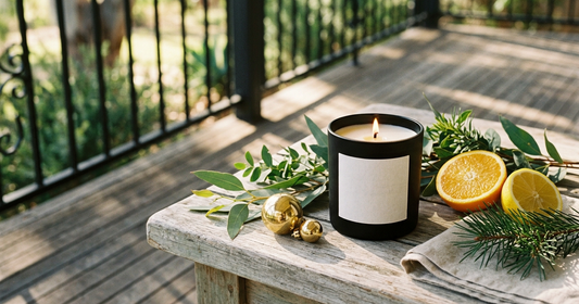 A lit soy candle in a black glass jar on a sunlit timber verandah table, with eucalyptus sprigs, halved citrus, a pine sprig and gold baubles
