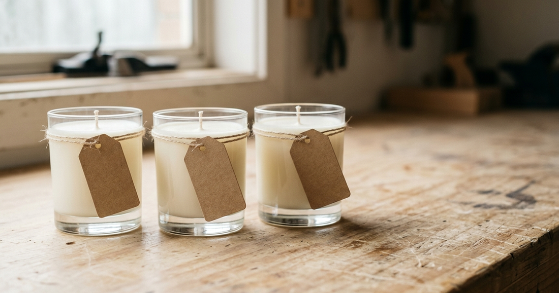 Three plain glass jars of white wax on a worn timber workbench, each with a blank kraft-paper tag tied on with string
