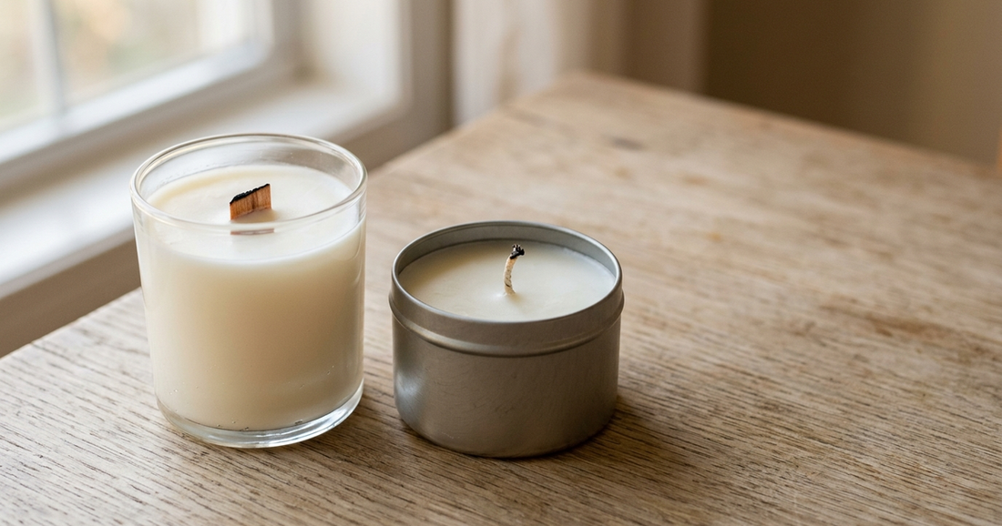 Two unlit soy candles side by side on a timber table: a glass jar with a flat wooden wick and a metal tin with a braided cotton wick