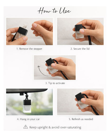 A step-by-step 'How to Use' guide showing hands holding and operating a small clear bottle with a black cap and black wrist strap, with text instructions for removing the stopper, securing the lid, tipping to activate, hanging in a car, and refreshing as needed.
