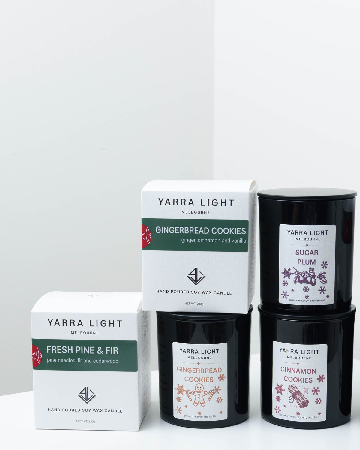 NOIR Christmas soy candles in black glass: Gingerbread Cookies, Sugar Plum and Cinnamon Cookies jars with Fresh Pine & Fir and Gingerbread Cookies gift boxes