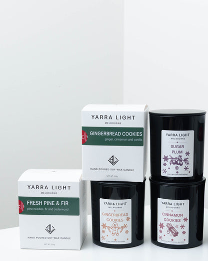 NOIR Christmas soy candles in black glass: Gingerbread Cookies, Sugar Plum and Cinnamon Cookies jars with Fresh Pine & Fir and Gingerbread Cookies gift boxes
