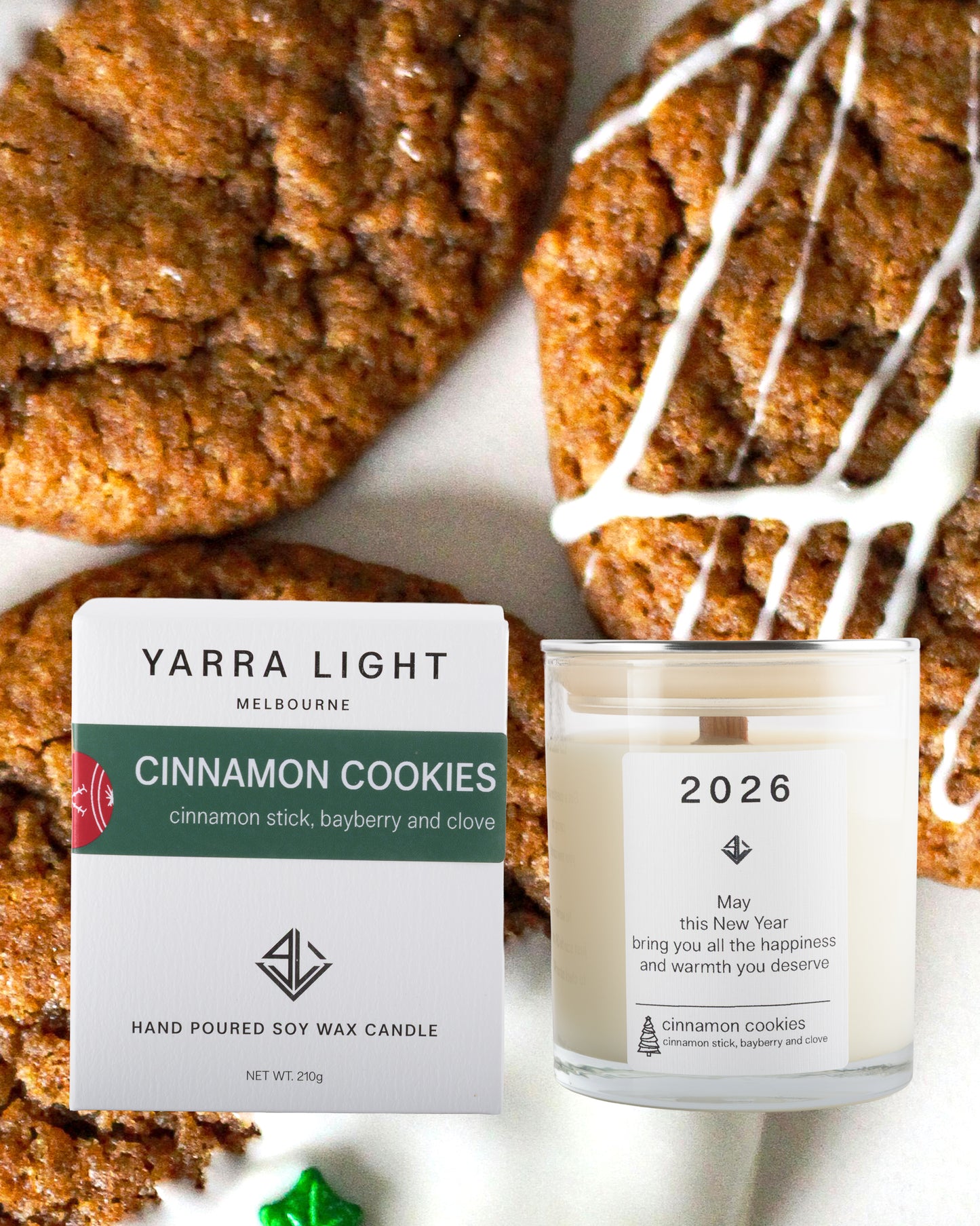 Yarra Light cinnamon cookies soy wax candle labeled '2026' 