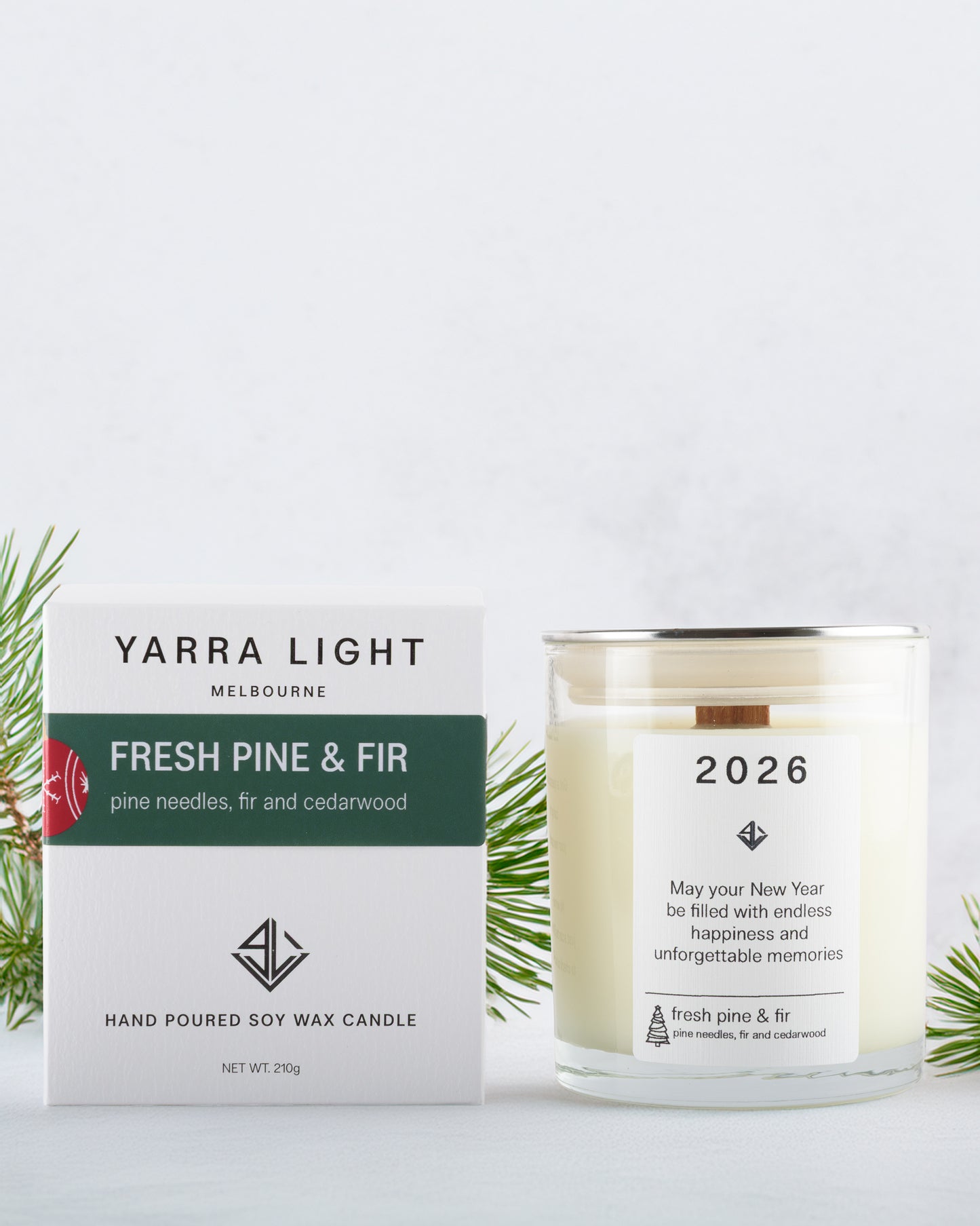 Yarra Light Fresh Pine & Fir candle with packaging on a white background