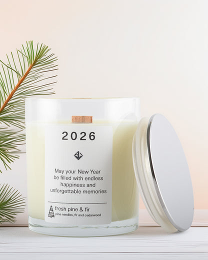 Candle with a label for the year 2026, featuring pine and fir scents, on a light background.