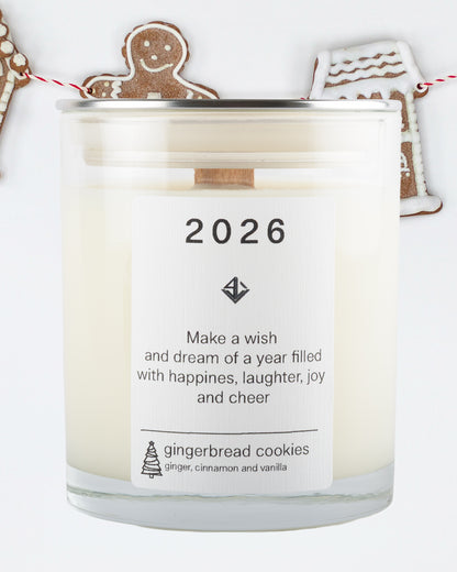 Yarra Light soy wax candle with a label featuring the year 2026 and gingerbread cookie decorations.