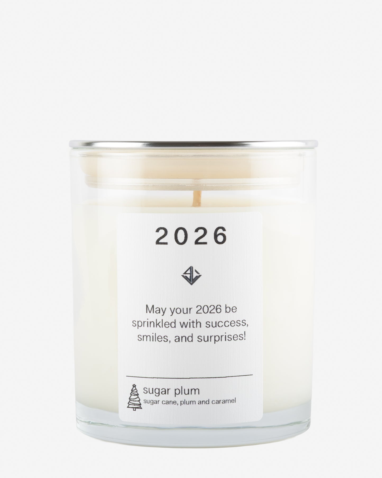 Soy wax scented candle with a label featuring the year 2026 on a white background