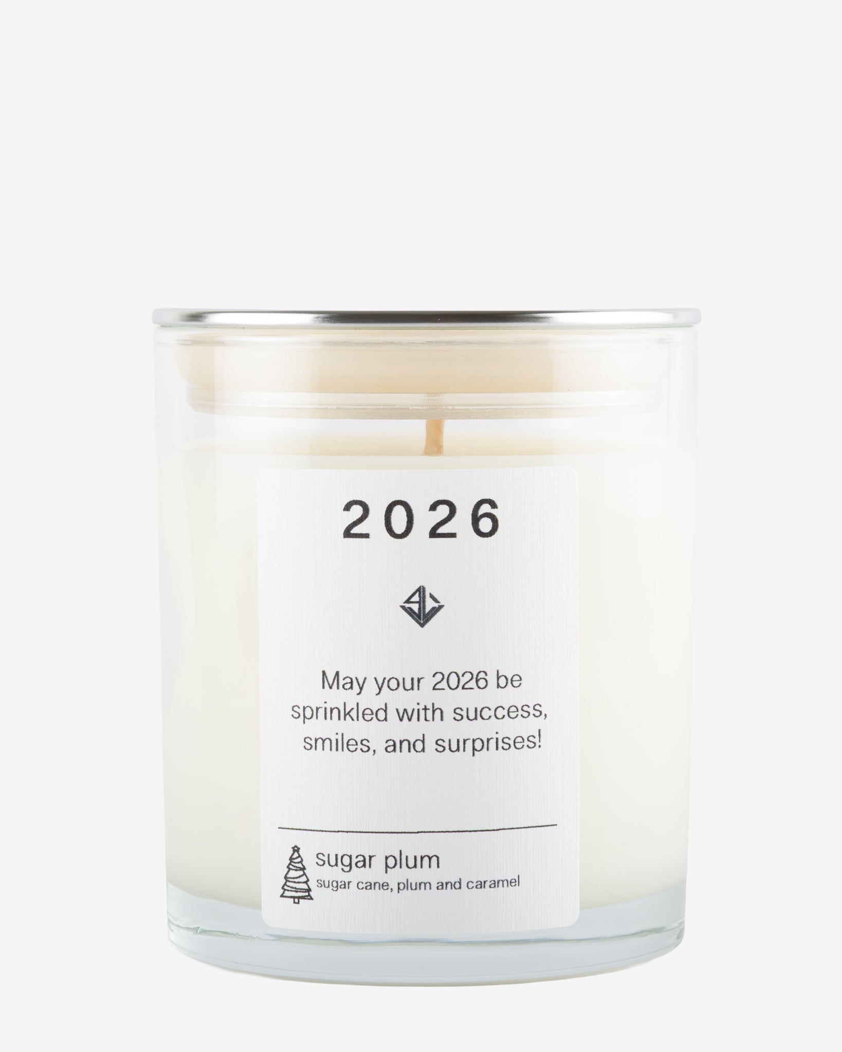 Soy wax scented candle with a label featuring the year 2026 on a white background