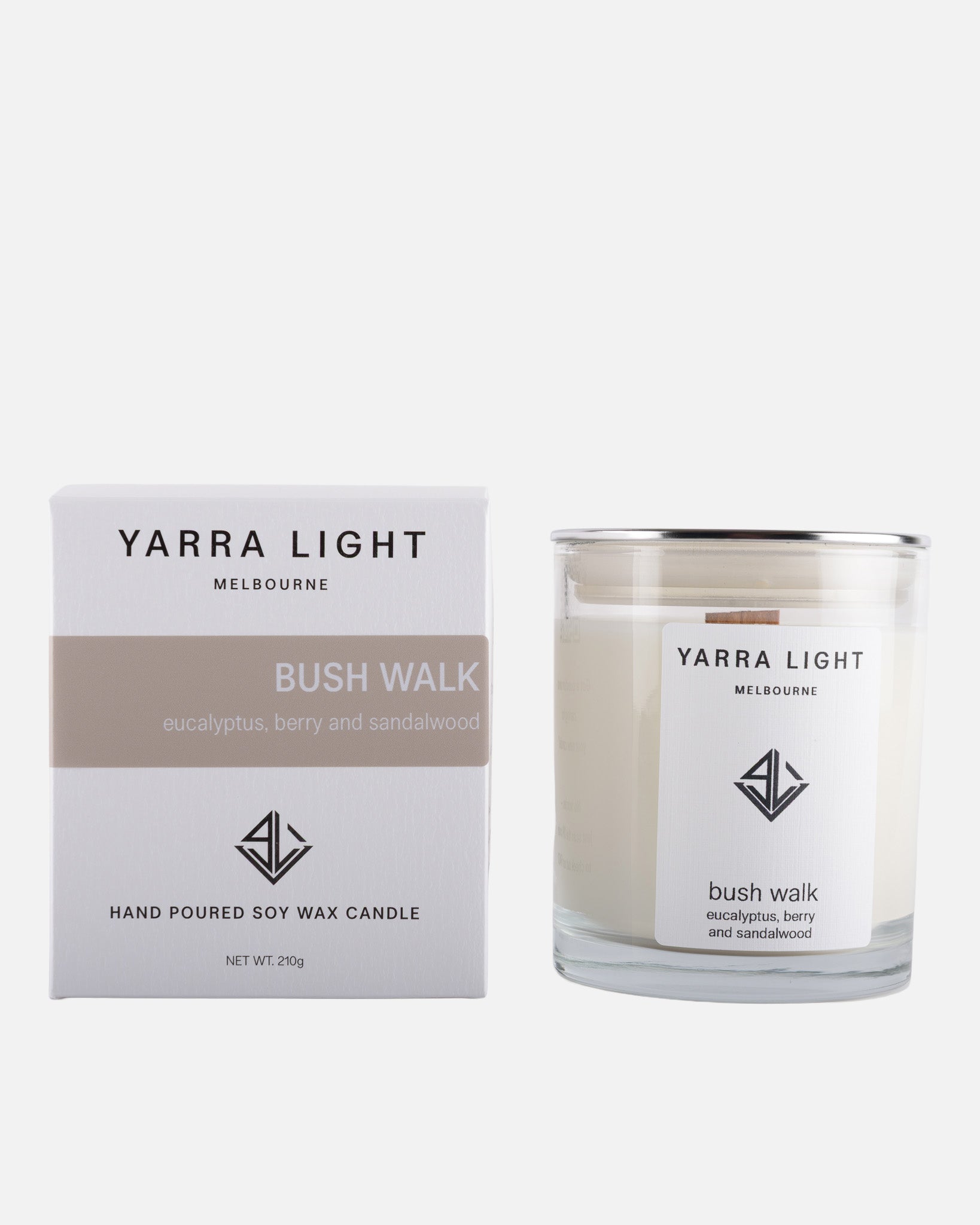 Yarra Light soy wax candle and packaging on a white background
