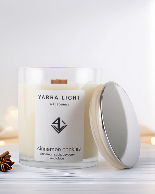 Yarra Light soy wax candle with cinnamon cookies fragrance on a white background