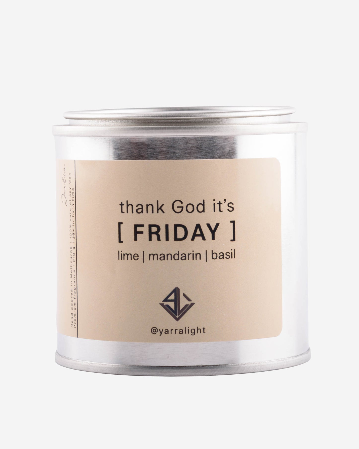 Candle jar with 'thank God it's Friday' label on a white background