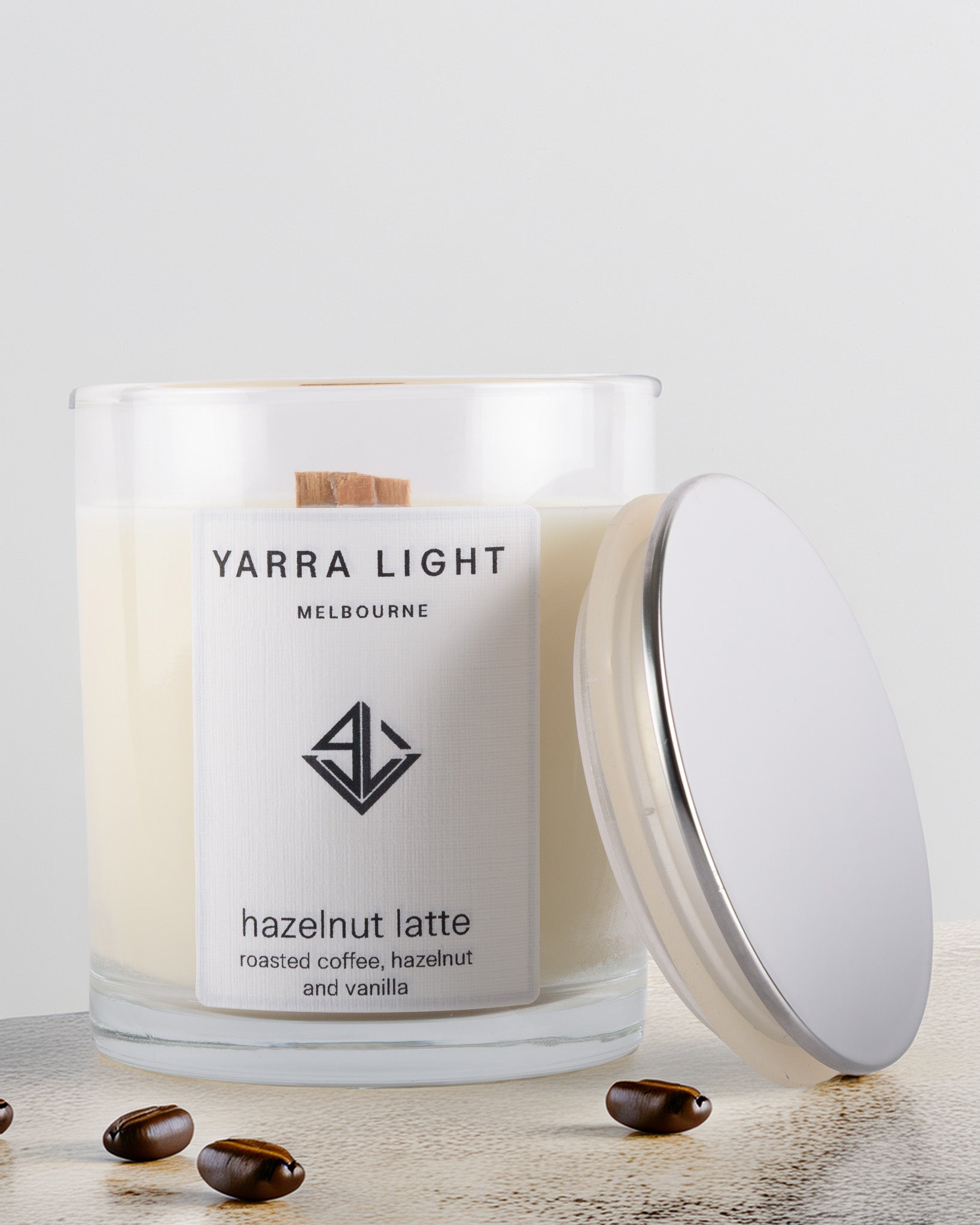 Yarra Light hazelnut latte soy wax candle on a light background