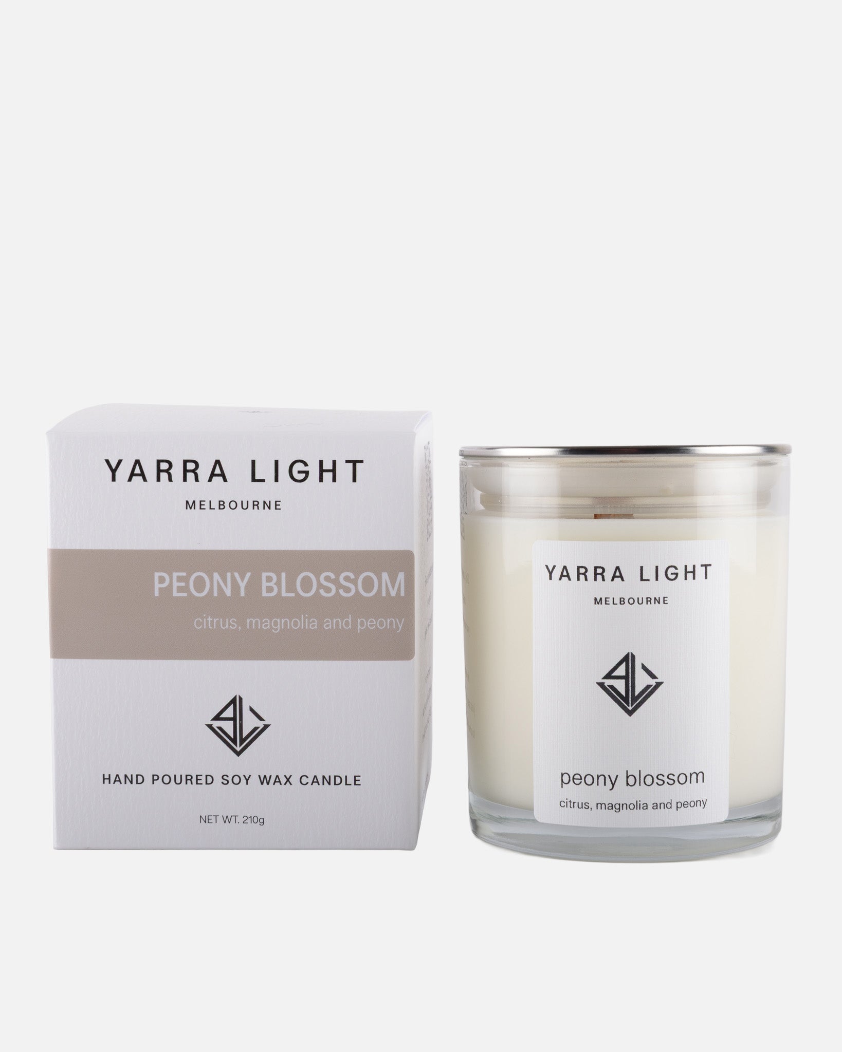 Yarra Light peony blossom candle and packaging on a white background