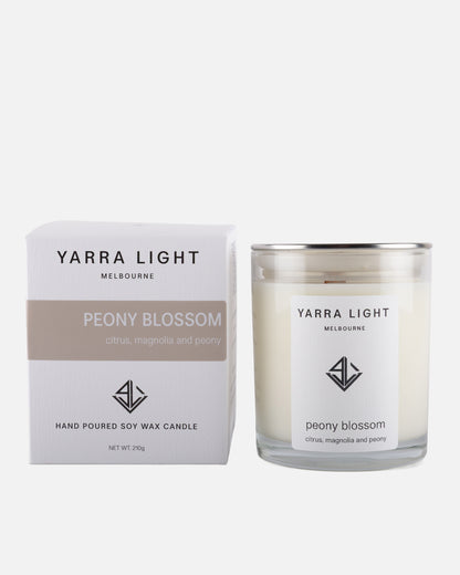 Yarra Light peony blossom candle and packaging on a white background