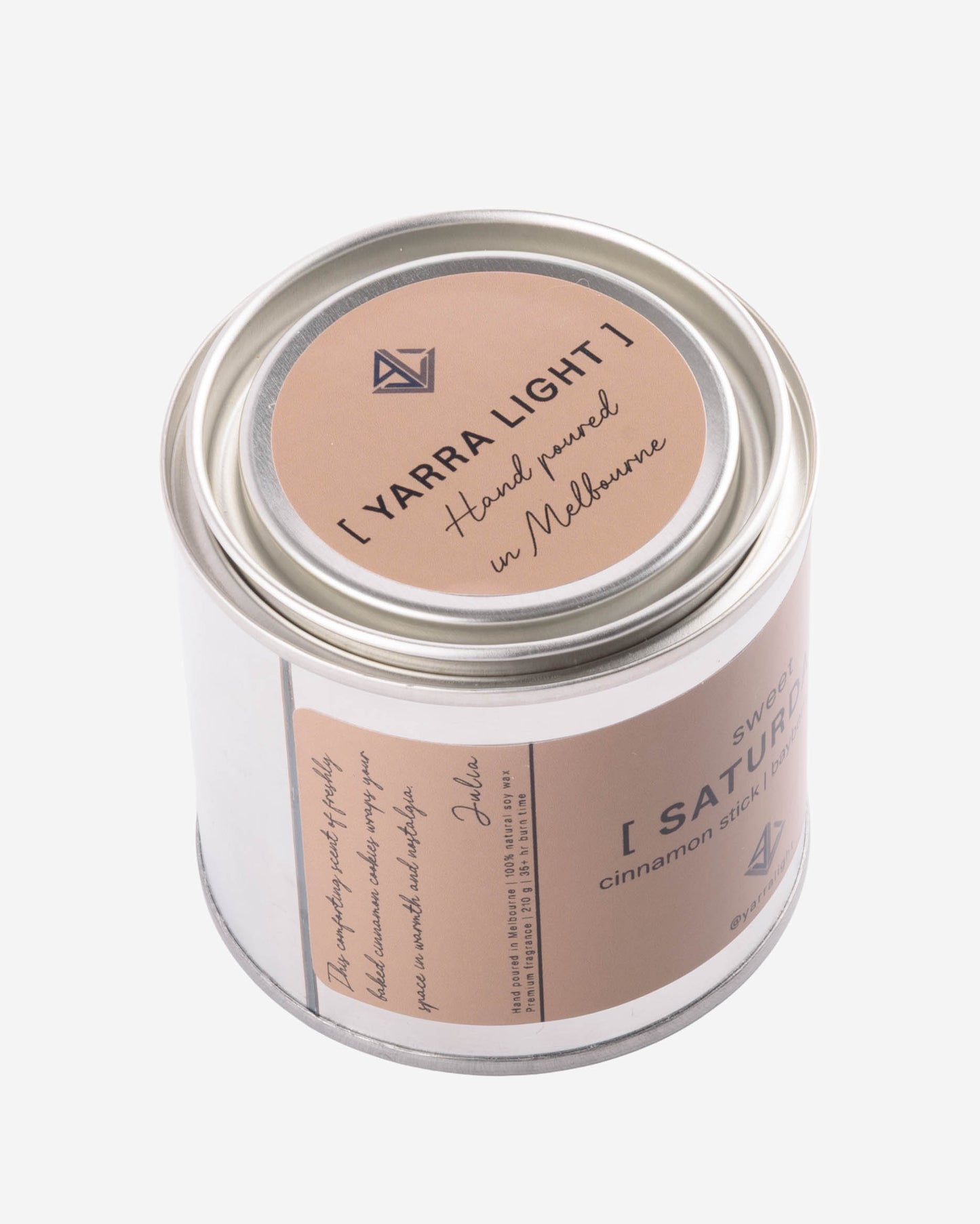 Yarra Light soy wax candle  with beige label on a white background