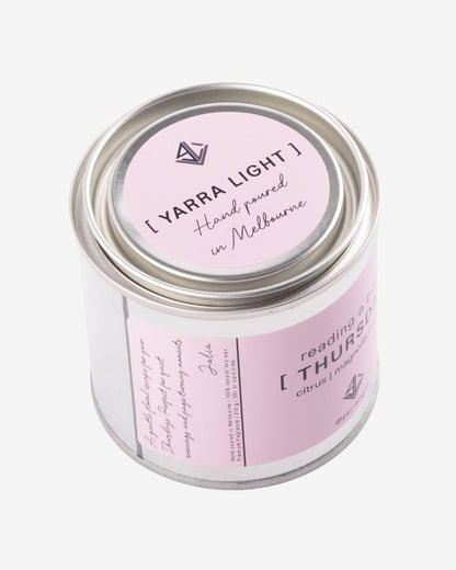 Yarra Light soy wax candle in a tin on a white background