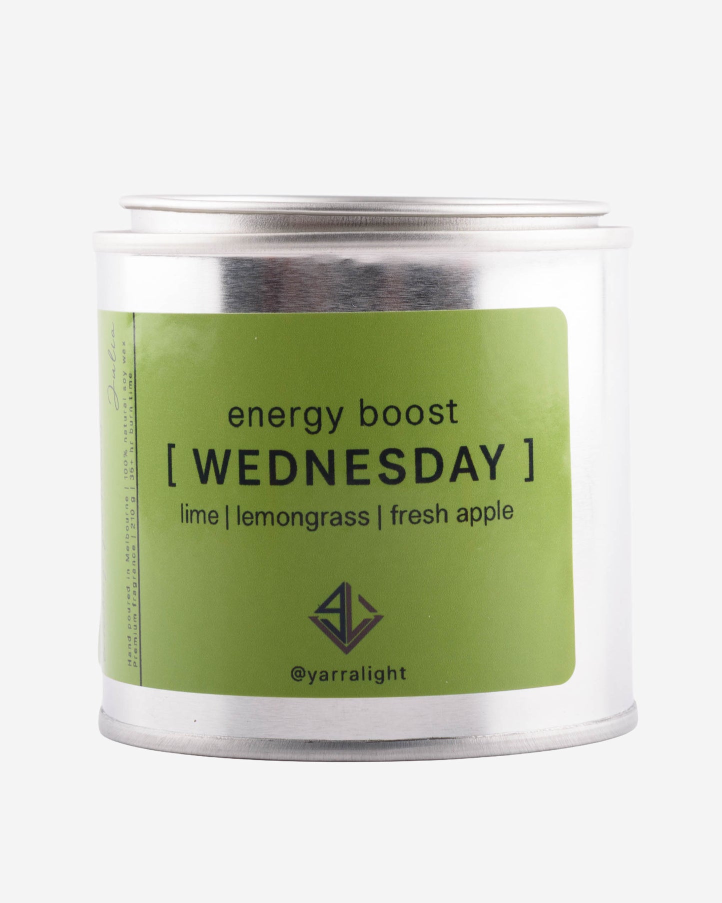 Candle jar labeled 'energy boost Wednesday' with a green label on a white background