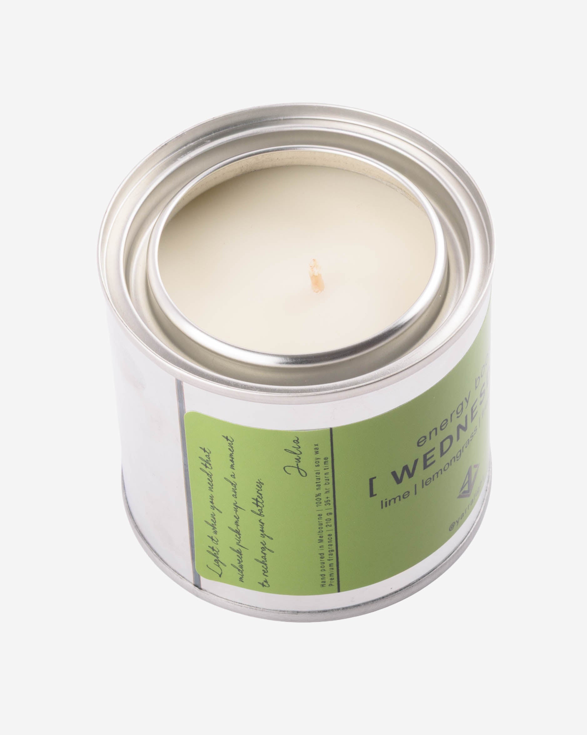 Yarra Light soy wax candle in a tin jar with a green label on a white background